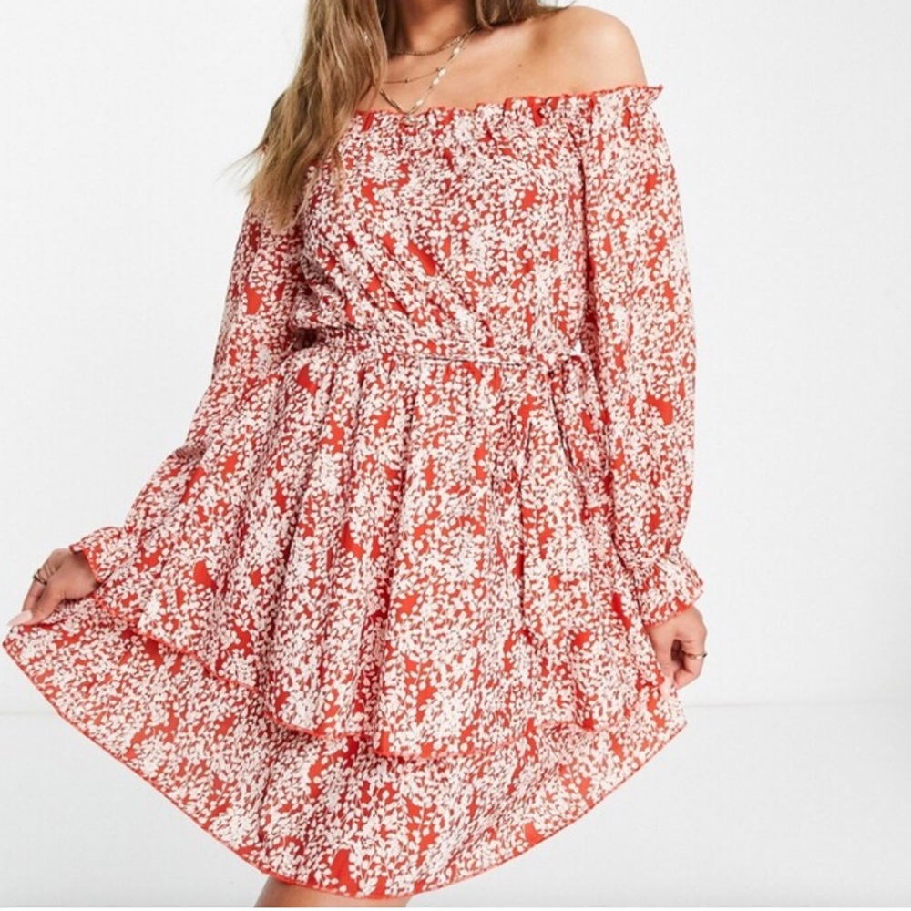 Paritian Red Floral Off-Shoulder Tie Waist Dress